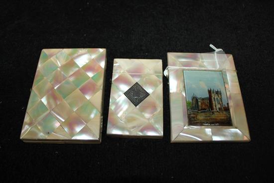 Westminster souvenir mother of pearl card case & two mother of pearl cases inset white metal cartouches